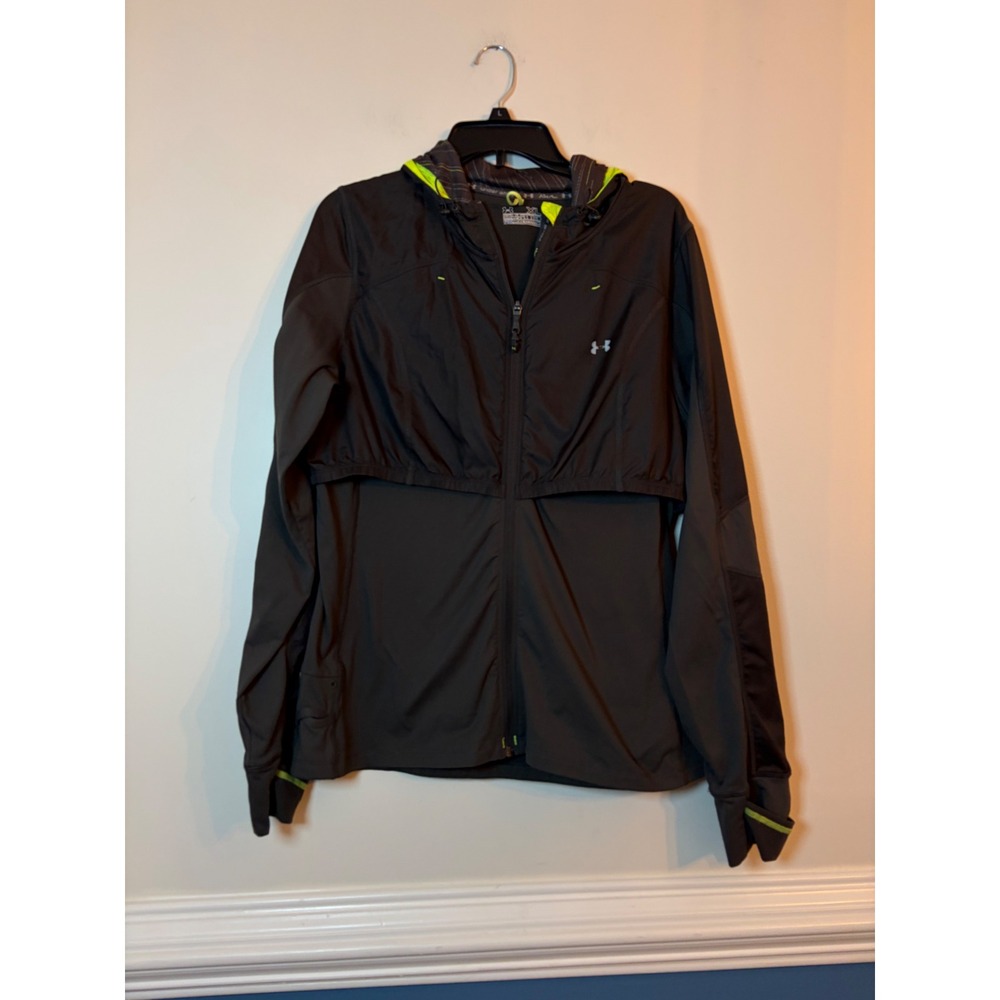 Under Armour Running Jacket Womens XL ColdGear Grey Neon Lime Hooded Ventilated